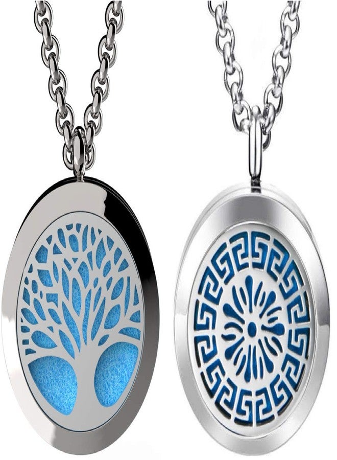 mEssentials Tree of Life and Greek Medallion Essential Oil Diffuser Necklace Stainless Steel Pendants with 24" Chains + 12 Refill Pads - Image 1